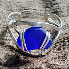 Handmade Wire Cuff Bracelet Silver Tone with Blue Sea Glass Stone, Unisex