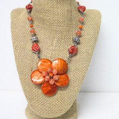 Handmade Burnt Orange Flower Statement Necklace Coral Beads Toggle Clasp
