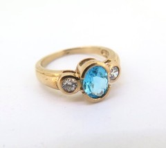.Sparkling Faceted Topaz & CZ Trilogy 9ct Yellow Gold Dress Ring Size O1/2 3.7g
