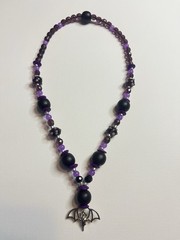 Handmade Bat Necklace Purple Glass Wood Dyed Cow Bone Stretch Jewelry