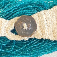 Vintage 1984 India Coin Teal Glass Seed Bead Multi Strand Crochet Necklace 21″