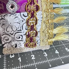 Boho Fabric Wide Cuff Womens Bracelet Jeweled Fringe Metallic Handmade 7.5 8