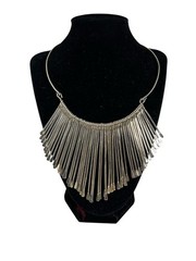 Vintage Metal Fringe Necklace Statement BiB, Choker Funky Boho Silver Color