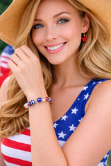 RED White Blue Bracelet American Flag USA Patriotic Beaded Stretch Women
