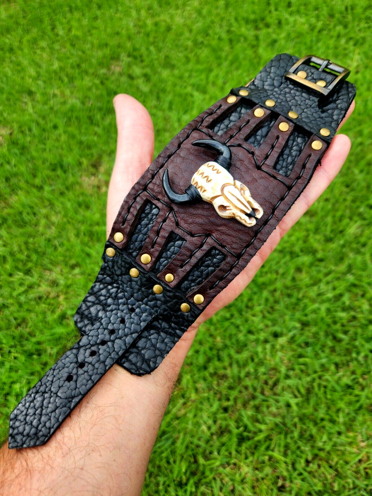 Genuine Buffalo Bison leather bone skull wide rodeo cuff alfa men bracelet