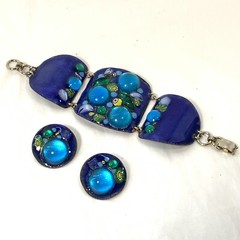 Vintage RUTH BUOL Copper Enamel Jewelry Set Bracelet Earrings Blue Fused Glass