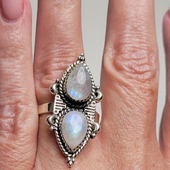 Unique Design! Pretty 2-Stone Moonstone Ring 925 Sterling Silver Size Adj. 5-10