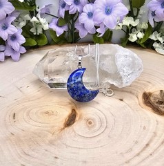 Natural Lapis Lazuli Crescent Moon Pendant Necklace: 925 Sterling Silver Chain