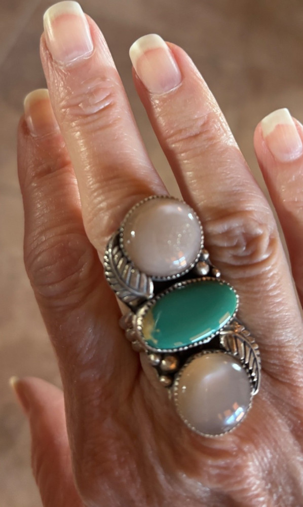 Royston Turquoise and Peach Moonstone 3 stone Ring/size 7.75/Artisan Handmade