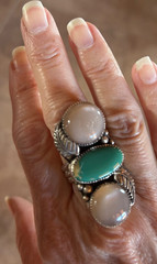 Royston Turquoise and Peach Moonstone 3 stone Ring/size 7.75/Artisan Handmade