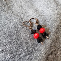 Black and Red Upcycled Earrings on Antiqued Copper Tone Leverback Hooks