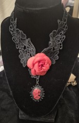 Handcrafted Black Lace Choker Necklace Red Rose Cameo Pendant Gothic Theme