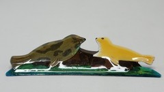 Handmade Resin Brooch Pin 2 Seals In Shades Of Green, Yellow & Brown 3 3/4″ Wide