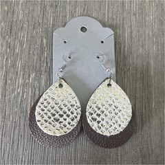 Handcrafted Layered Faux Leather Teardrop Dangle Hook Earrings Brown White Gold