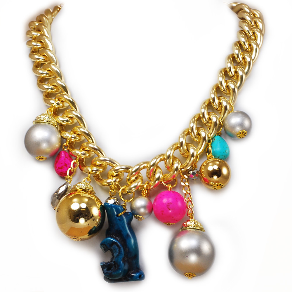 Ny6 Coral, Crystal & Shell Pearl Chunky Necklace w/Gold Tone Clasp&Chain 18-21″