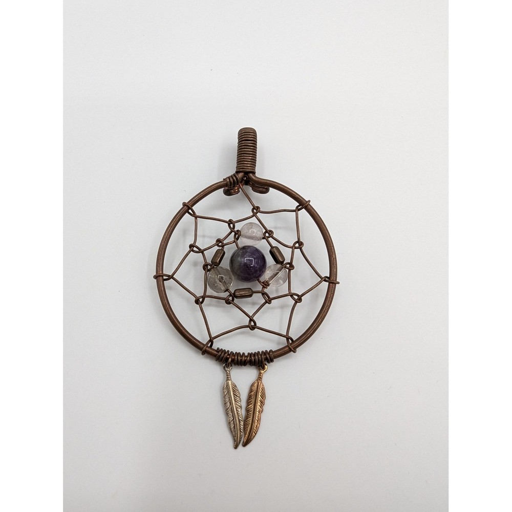 Dreamcatcher Pendant Amethyst Quartz Copper Wire Wrapped Boho Feather Charm