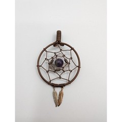 Dreamcatcher Pendant Amethyst Quartz Copper Wire Wrapped Boho Feather Charm