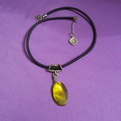 Hand Made Black Cord Choker Necklace w Beautiful Oval Green Gold & Brown Pendant