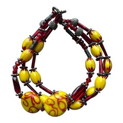 Handmade Lampwork Glass Bead Wrap Bracelet Yellow Red Silver