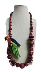 1980’s Wood Parrot Pendant Beaded Statement Necklace Red Multicolor 24”