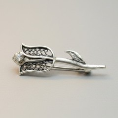 Sterling Silver Brooch Flower Tulip With Cubic Zirconia Genuine Hallmarked 925