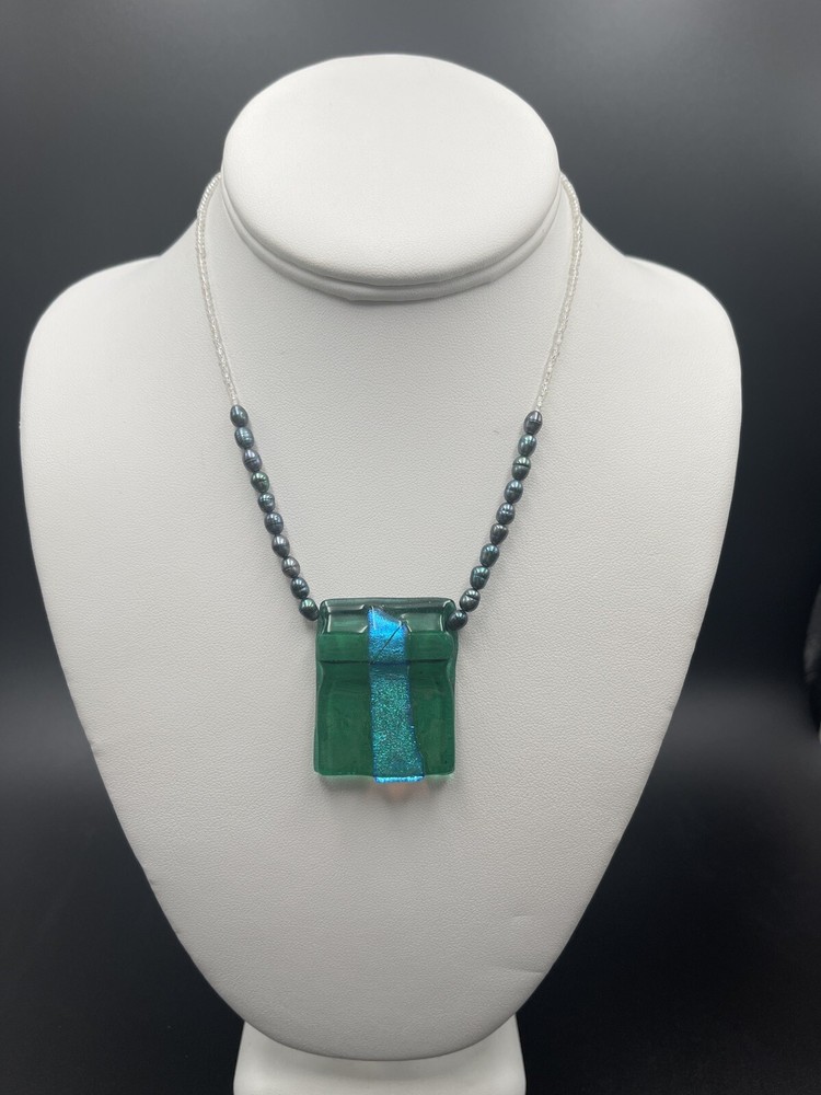 Necklace Artisan Dichroic Art Glass Freshwater Black Pearl Seed Beads 14/20 GF