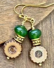 Gold, Brown Picasso and Jade Bead Dangle Earrings. Boho Chic