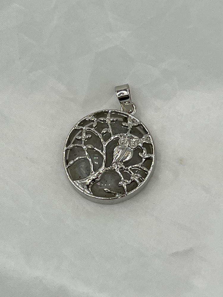 Natural Labradorite Gemstone Round Cabochon in Silver Tone Owl Pendant