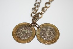 MEXICAN COINS 1990 & 2000 10 PESOS AZTEC CALENDAR SILVER CENTER W/ 38 IN CHAIN