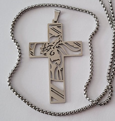Large Pendant » Cross » Stainless Steel Silver And Sa Chain 23 5/8in