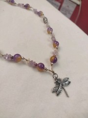 Natural Gemstone Necklace Ametrine + Dragonfly Pendant. Specify Desired Length.