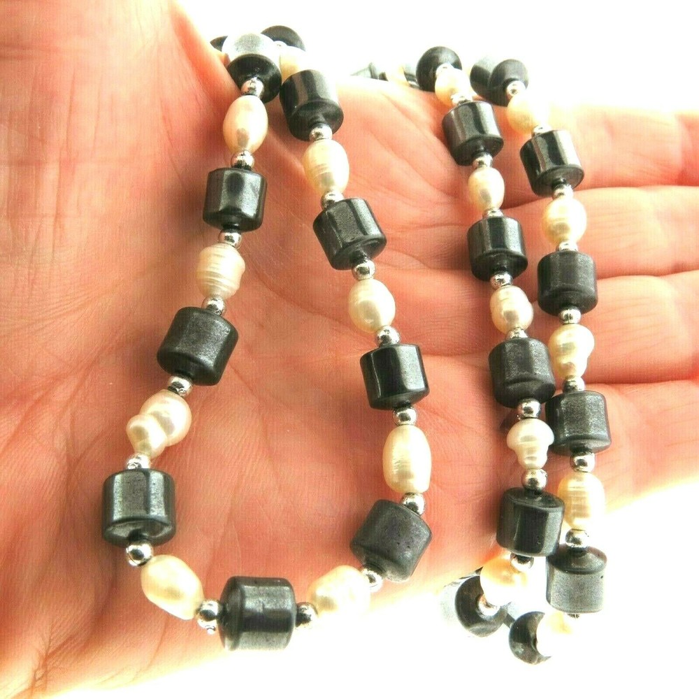 Baroque Pearl and Hematite Bead Necklace 7mm 23″