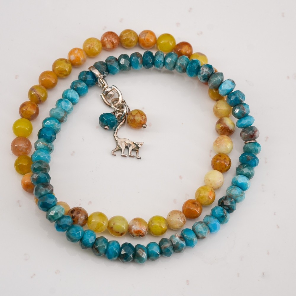 24g Jay King Blue Apatite Agate Bead Bracelet Sterling 925 Lemur Charm 7in Boho