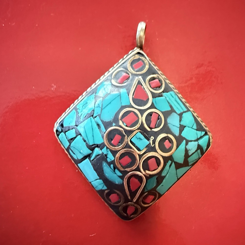 Old Persian Turquoise Mosaic Pendant Middle East Copper Brass Amulet Square