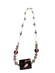 Artisan Purple Glass Beaded Silvertone Wire Necklace Hook Clasp 17 inches Long