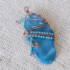 Pendant wire wrapped large aqua banded agate by Pat2