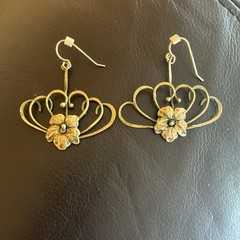 Art Nouveau Dogwood Flowers Dangling Brass Earrings With Hooks From Estate