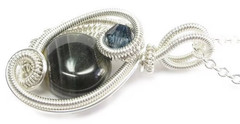 Handcrafted Blue Tiger Eye Necklace: Sterling Silver Wire-Wrap w Swarovski Cryst