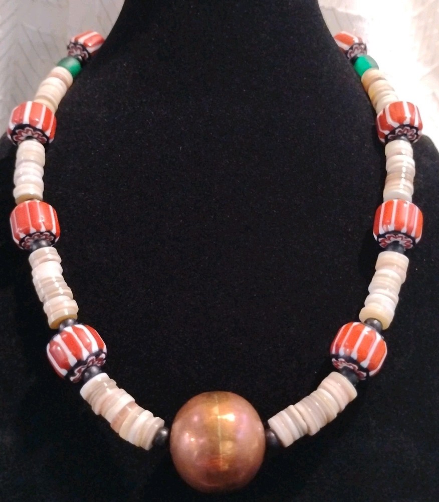 Tribal Copper Red Striped Glass Trade Beaded Natural Wood Necklace