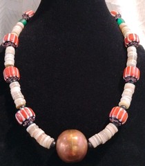 Tribal Copper Red Striped Glass Trade Beaded Natural Wood Necklace
