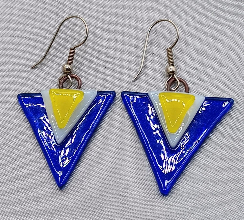 Fused Art Glass Earrings Cobalt Blue, Yellow, White, Triangle Dangle Earrings