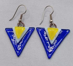 Fused Art Glass Earrings Cobalt Blue, Yellow, White, Triangle Dangle Earrings
