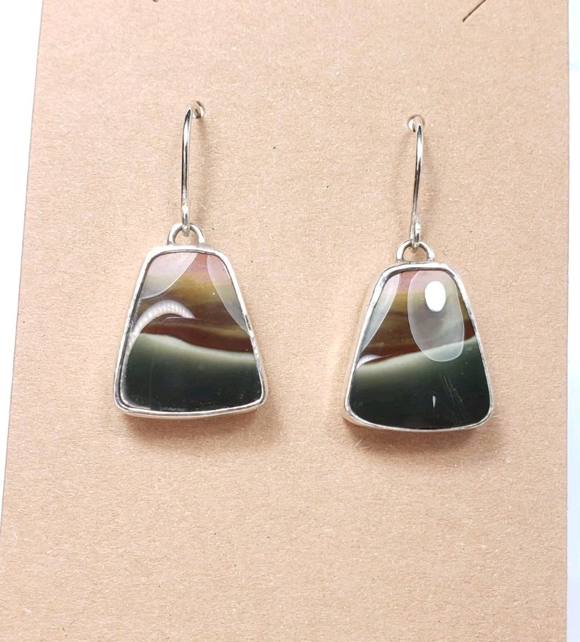 8.5g Sterling Silver Handmade Picture Agate Dangle Earrings 34mm