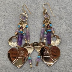 Vintage TABRA Signed Amethyst Turquoise Gemstone Hearts Circle Dangle Earrings