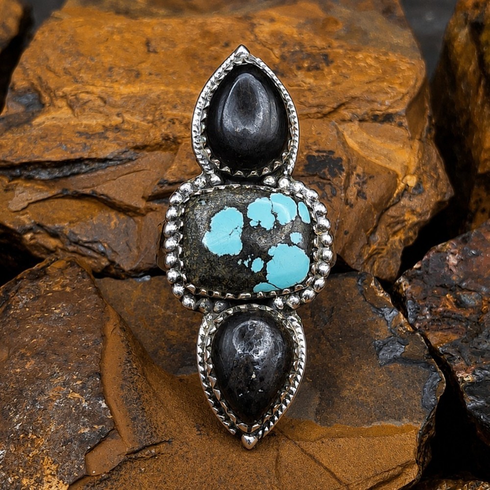 Blackjack Turquoise 3 Stone Ring Sterling Silver 5-9 Southwestern Native Style