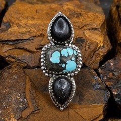 Blackjack Turquoise 3 Stone Ring Sterling Silver 5-9 Southwestern Native Style