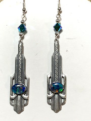 NEW ITEM *SALE*ART DECO MOSAIC AUSTRALIAN BLACK OPAL EARRINGS .925 SILVER WIRES