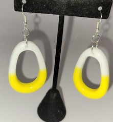 Handmade Oval Drop Dangle Pair of Earrings Yellow White Resin 3 inch Length
