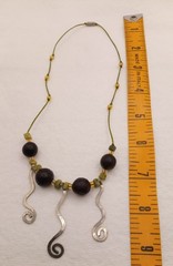 Vintage Boho BeadedCordNecklace W/ Metal Scroll Design Drops&Unikite,Glass Beads