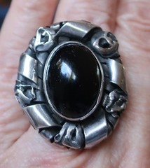 Vintage Brutalist Statement Ring Sterling Silver & Onyx Adjustable Size 13.5 g